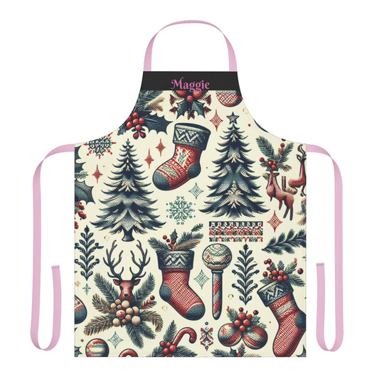 1. "Maggie" Personalized Apron, Festive Retro Southern Christmas Pattern Print Apron