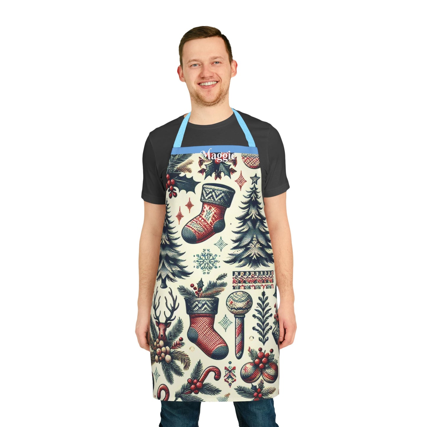 1. "Maggie" Personalized Apron, Festive Retro Southern Christmas Pattern Print Apron