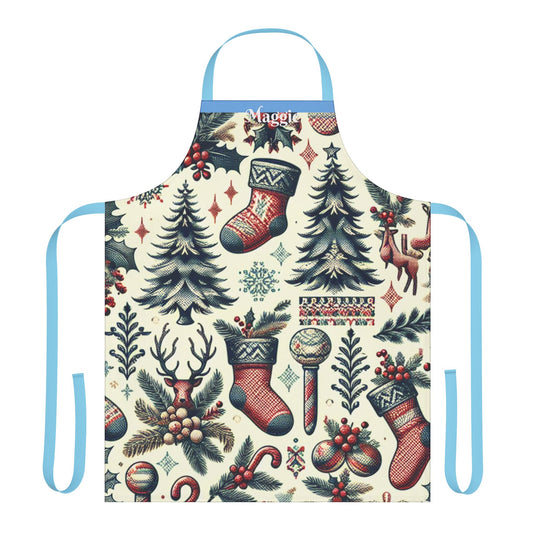 1. "Maggie" Personalized Apron, Festive Retro Southern Christmas Pattern Print Apron