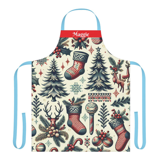 1. "Maggie" Personalized Apron, Festive Retro Southern Christmas Pattern Print Apron