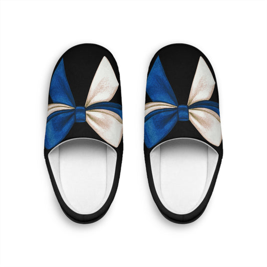 55. Slippers - Southern Bows, Always Bows Design - Blue and White Satin Bow Print on Black Slippers