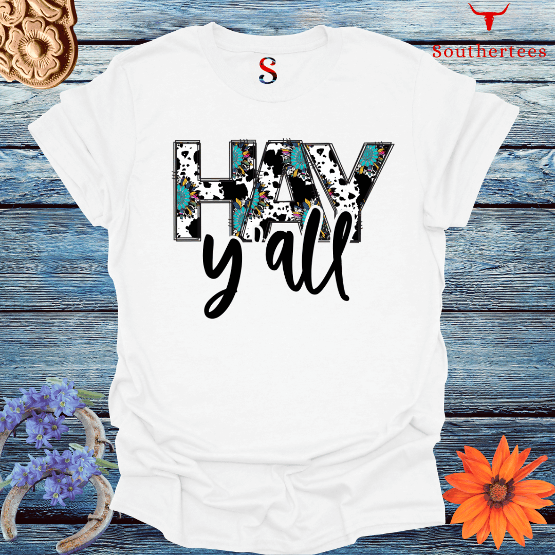 "hay y'all" t-shirt southern typography, southern dialect, southern sayings shirt, bright lily print letters